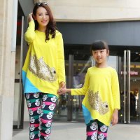 Thecouplepig亲子装2015款韩版时尚秋套装母女裙装珠片鸟母女套装休闲装潮装