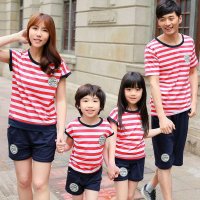 亲子装夏装2015款 亲子装母女装套装 徽章条纹亲子套装一家三口全家装