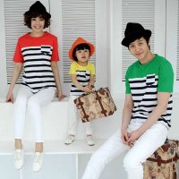 亲子装夏装2015新款韩版休闲三色条纹母女装母子装短袖T恤家庭装