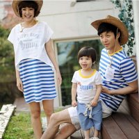 Thecouplepig亲子装夏装2015款一家三口夏季母女母子条纹狗男女童家庭全家装