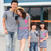 亲子装夏装新款一家三口拼接色条纹两件套亲子全家装T恤MA67