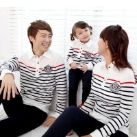 Thecouplepig亲子装新春装2015新款 全家装一家三口母子装母女装条纹翻领纽扣韩版潮装