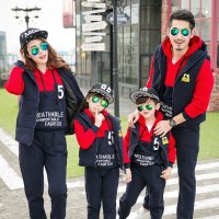 亲子装冬装新品亲子套装母女卫衣FIVE三件套抓绒带帽休闲套装家庭