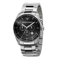 阿玛尼ARMANI经典三眼黑盘钢带石英男表AR0585