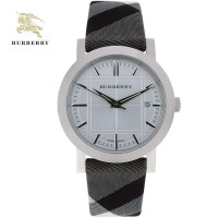 巴宝莉Burberry手表女士石英表银色表盘格纹 表带英伦风腕表 BU1378