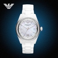 正品Armani阿玛尼女士手表陶瓷镶钻女表日历款手表女士时尚休闲大三针防水女表明星同款石英表