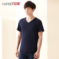 红妮夏季男士男装短袖纯色素色商务休闲V领鸡心领莱卡棉体恤T恤衫