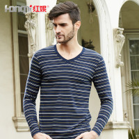 红妮保暖内衣秋冬男士棉莫代尔V领条纹薄款线衣线裤秋衣秋裤套装