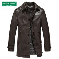 逸纯印品（EASZIN）2015春秋装新款男士皮风衣 帅气肩拌 个性可卸翻领中长款男士皮大衣外套