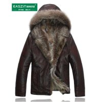 逸纯 (EASZIN)正品梦幻皮衣貉子毛内胆皮毛一体皮衣男装连帽狐狸毛领短款连帽皮夹克外套
