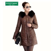 逸纯印品（EASZin）2014新款皮羽绒服女加厚带毛领中长款拉链修身PU羽绒棉衣棉服棉袄外套