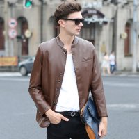 EASZin 2016春秋新款男士皮西服 西装领修身中长款款中青年休闲皮衣外套新款皮西服外套