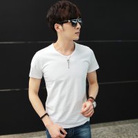 EASZin 短袖t恤夏季体恤莱卡棉纯色 半截袖v领男生t血上衣服潮