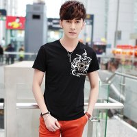 EASZin 新款短袖T恤 男士莱卡棉打底衫 修身印花V领T恤男