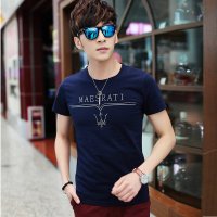 EASZin2016 春装新款字母铁塔T恤男 韩版修身男印花圆领短袖T恤 莱卡棉体恤衫