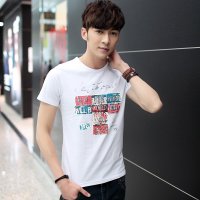 EASZin 2016春季新款时尚印花七彩块 圆领男士莱卡棉修身短袖T恤