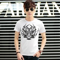 EASZin 男士短袖t恤 韩版修身圆领打底衫 印花老虎头体恤男 春季莱卡棉男装