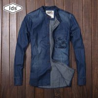 角斗士新款复古印花男士立领牛仔衬衫 韩版青年男款牛仔衬衣修身