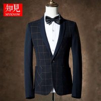 知见 秋装男士休闲西服男修身拼接格子小西装男韩版潮单西男装外套 0031
