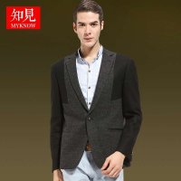 知见秋冬新款男装外套 韩式修身羊毛呢小西服 拼色镶皮西服男单西