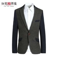 知见 春装新品 男士羊毛呢拼接休闲西服 男装便西韩版呢子小西装男 格2016-3