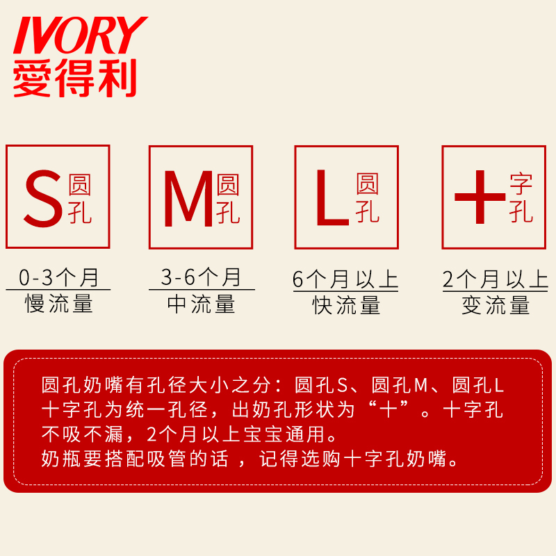 爱得利IVORY奶嘴婴儿硅胶奶嘴 标准口径螺旋母乳实感Y2003 1粒装L字孔 适合人群：6个月以上