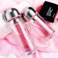 伊鸣 玻璃杯便携带盖双层水杯男女士杯子创意过滤茶杯水晶杯320ml