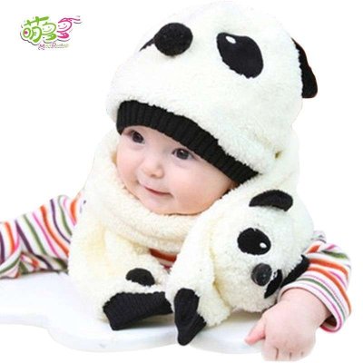 包邮小西家作熊猫立体造型毛绒帽+围巾 两件套 婴幼儿套帽 宝宝帽子围巾