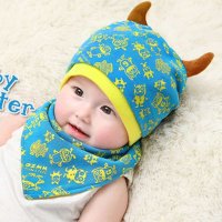 小西家作包邮 宝宝双角可爱小怪兽棉质套头帽/套头帽+三角巾两件套 男女儿童婴幼儿帽子