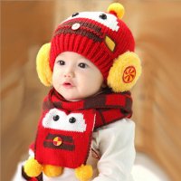 婴儿童秋冬帽子 宝宝加厚保暖帽子围巾 宝宝可爱瓢虫帽蜜蜂帽毛线 汽车