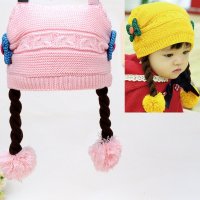 女宝宝帽子秋冬款婴幼儿保暖套头帽3-6-12个月婴儿针织毛线帽假发帽 小辫帽子