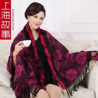 上海故事专柜正品秋冬女士加厚加大提花羊毛獭兔毛皮草披肩围巾