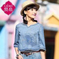 裂帛2015春新款刺绣毛边七分袖宽松牛仔衬衫 女61141271