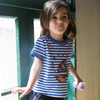 裂帛童装正品 2015春夏新品 短袖T恤条纹绣花海军风女童 66140161