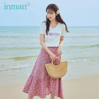 茵曼2020夏装新款套装字母绣花短袖T恤波点气质复古不规则半身裙【1802159】