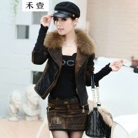禾壹 秋冬装新款韩版时尚加厚皮衣女棉服气质修身短款外套配真貉子毛领皮棉衣女士