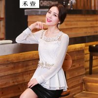 禾壹 2015秋装新款韩版时尚修身网纱绣花蕾丝雪纺衫