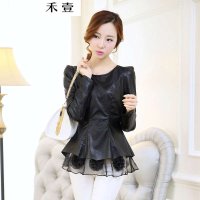 禾壹 2015春秋装新款女装韩版时尚PU皮裙摆花朵皮衣上衣