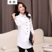 禾壹 2015春装新款简约百搭休闲衬衣女套头纯色单排小黑扣翻领白衬衫打底衫