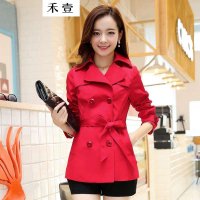 禾壹 2015秋装新款女装韩版时尚修身单排扣大红色风衣百搭大码外套配腰带