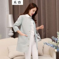 禾壹 2015秋装新款 时尚韩版修身甜美鹿皮绒大衣女 中长款外套
