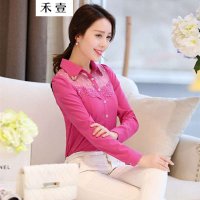 禾壹 2015春装新款蝴蝶烫钻 蕾丝拼接亮片长袖衬衫纯色泡泡袖女士衬衣 雪纺衫上衣