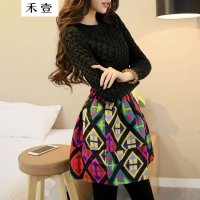 禾壹 2015春装新款女装韩版时尚甜美套装裙 针织衫上衣印花拼色短裙两件套