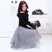 禾壹 2015秋装新款女装韩版时尚修身甜美一字领性感欧根纱拼接套装裙 T恤上衣半身裙两件套