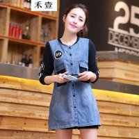 禾壹 2015春装新款女装韩版时尚修身显瘦中长款女士牛仔服 拼色休闲学院风牛仔外套