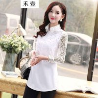 禾壹 2015秋装新款韩版时尚修身简约蕾丝拼接中长款衬衫烫钻衬衣女