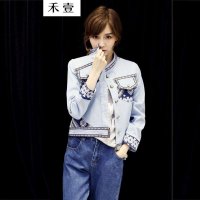 禾壹 2015春装新款民族风图案拼接时尚个性牛仔小外套 时尚修身女士牛仔服