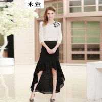 禾壹 2015春装新款韩版时尚修身前短后长雪纺半身裙不规则裙摆短裙中长款女裙