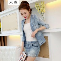 禾壹 2015春装新款韩版时尚修身显示甜美烫钻七分袖牛仔短外套 女士牛仔服