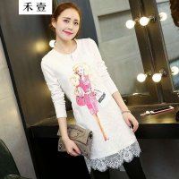 禾壹 2015秋装新款韩版时尚修身甜美针织蕾丝美人图连衣裙